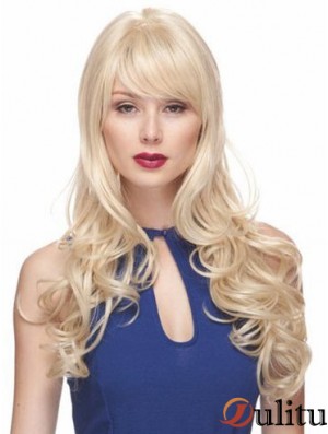 Perruques Blondes Avec Frange Synthétique Style Capless Ondulé Longue Longueur