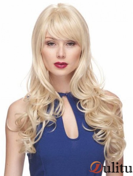 Perruques Blondes Avec Frange Synthétique Style Capless Ondulé Longue Longueur