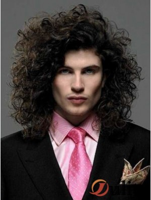 Noir synthétique avant de lacet 14  inchperruques de cheveux longs bouclés pour les hommes