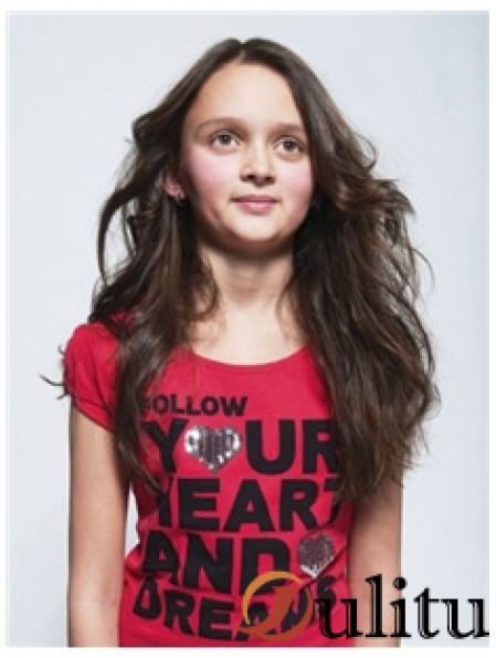 Perruques Enfants Ondulées Longues Cheveux Bruns Rémy Avant de Lacet