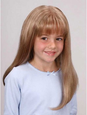 Perruques d'enfants droites longues en dentelle synthétique avant blonde