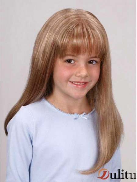 Perruques d'enfants droites longues en dentelle synthétique avant blonde