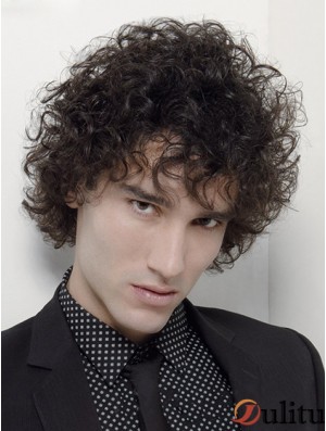 Capless Curly 6 pouces synthétique court Mans noir perruque bouclée