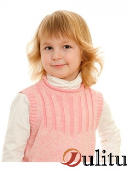 Ondulé Longueur d'épaule Blonde Remy Cheveux Humains 100% Noué À La Main Enfants Perruques