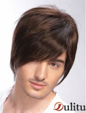 100% humain attaché à la main brun remy perruques droites courtes homme