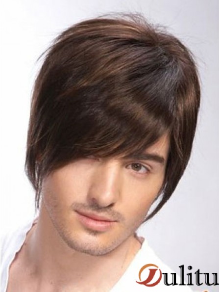 100% humain attaché à la main brun remy perruques droites courtes homme
