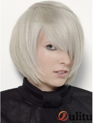 Capless gris menton longueur droite 12 pouces platine platine blonde élégante perruques de mode