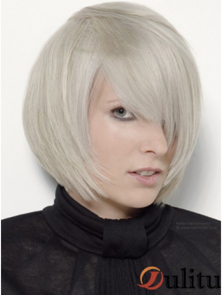 Capless gris menton longueur droite 12 pouces platine platine blonde élégante perruques de mode