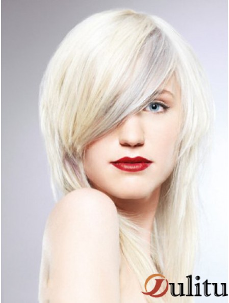 Lace Front With Bangs Long Straight 16 pouces Platinum Blonde Fashionable Fashion Fashion Wigs