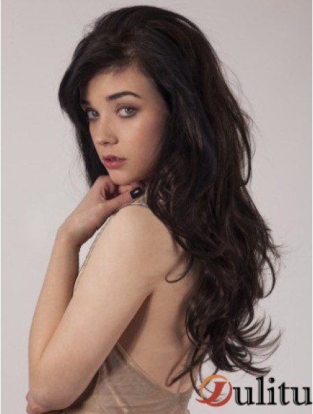 Perruques de cheveux 3/4 synthétiques noires ondulées capless longues 3/4