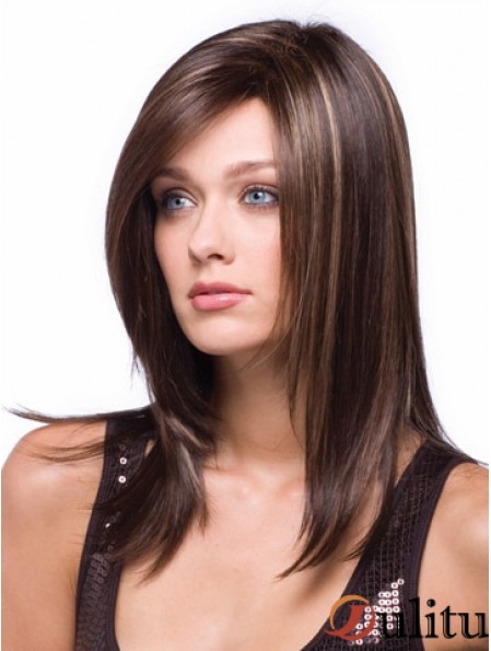 Perruque longue brune avec un style droit sans bonnet synthétique