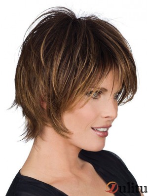 Perruques courtes avec coupe droite en couches de style brun capless Remy